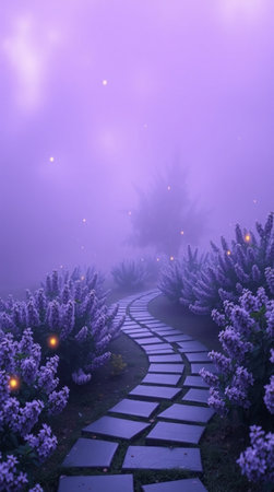 Lavender flowers in the morning mist with path in the gardenの写真素材