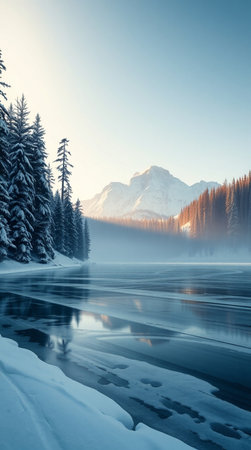 Beautiful winter landscape with frozen lake and snow-capped mountainsの写真素材