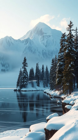 Beautiful winter landscape with snow covered mountains and lake in Canada.の写真素材