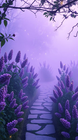 Lupine flowers in foggy garden. Beautiful landscape with purple lupines.の写真素材