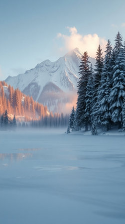 Beautiful winter landscape with frozen lake and mountains in the background.の写真素材