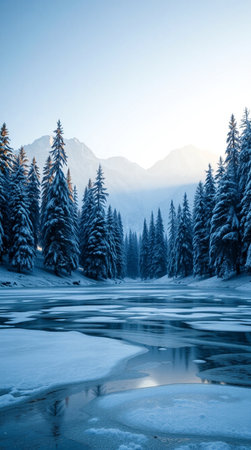 Beautiful winter landscape with frozen mountain lake and snow covered fir treesの写真素材