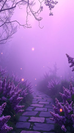 Mysterious foggy path in the park with lilac flowersの写真素材