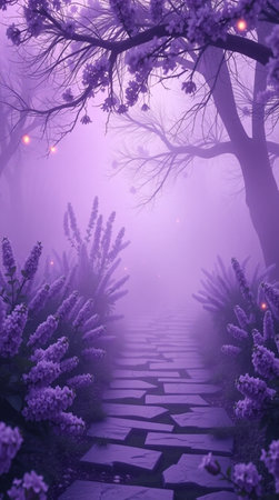 Mysterious landscape with blooming purple flowers and pathway in fogの写真素材