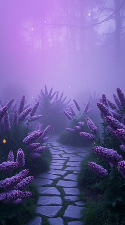 garden path with purple flowers in a foggy morning in springの写真素材