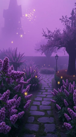 Foggy morning in the garden with purple flowers and lanterns