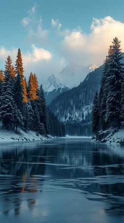 Fantastic winter landscape with alpine lake and snow covered treesの写真素材