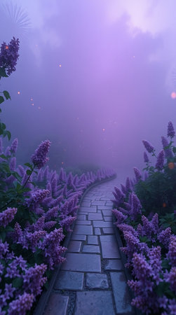 Beautiful purple lilac flowers in foggy garden at sunrise.の写真素材