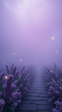 Lilac flowers in the fog with a path leading to the sunの写真素材