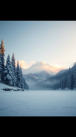 A mountain in winter with snow and fog.の写真素材