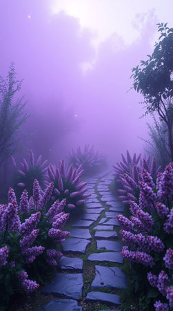 Pathway in the morning mist with purple flowers in the garden.の写真素材