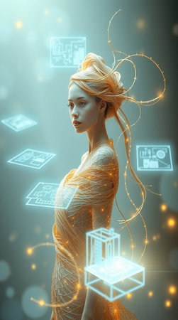 Futuristic woman with glowing hologram on her head. 3d renderingの写真素材