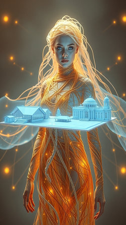 Digital illustration of a woman with a house model in her hands.の写真素材