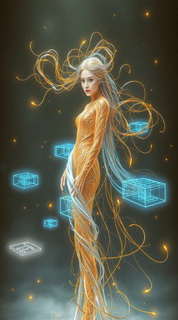 Fantasy illustration of a beautiful young woman with long hair and glowing lines.