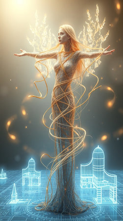 3d rendering of a beautiful woman with long hair and futuristic background