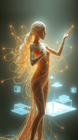 3d rendered illustration of a woman with cell phone and connection lines