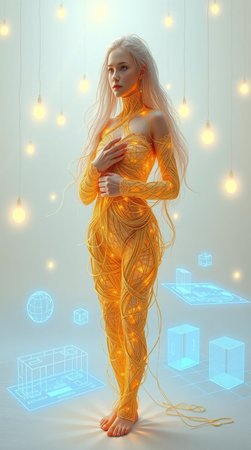 3d illustration of a beautiful girl in a yellow bodysuitの写真素材