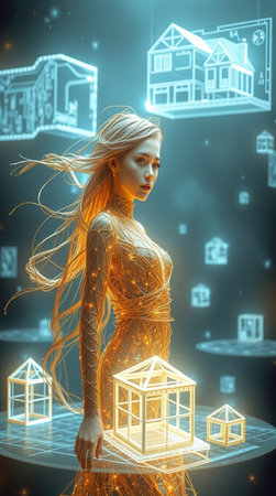 3D rendering of a futuristic woman with a glowing model of a houseの写真素材