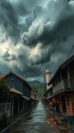 Dramatic sky over a street in an Asian townの写真素材