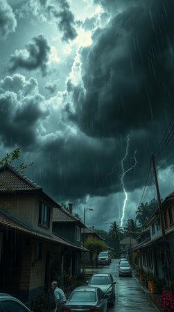 Thunderstorm over a village in the north of Thailand, during the rainy season.