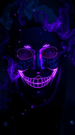 Cyborg face with glowing neon lights on black background. 3D rendering.