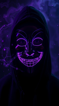 Portrait of a scary dark man with glowing neon skull mask.の写真素材