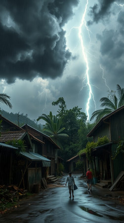 Thunderstorm in the rainforest of Ubud, Bali, Indonesiaの写真素材