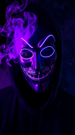 Creepy man in black mask with purple smoke on dark backgroundの写真素材