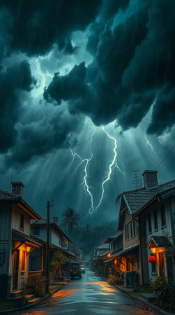 Thunderstorm over the street in the old town of Mae Hong Son, Thailandの写真素材