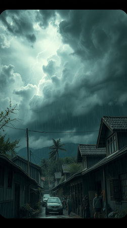 Vintage style image of a cloudy sky over a village