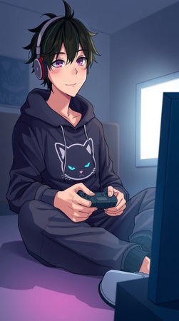 Illustration of a boy playing video games with a joystick and a computer