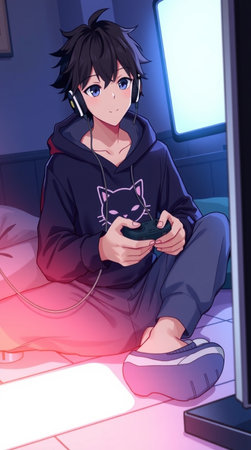 Anime girl playing video games with a joystick in her hand.