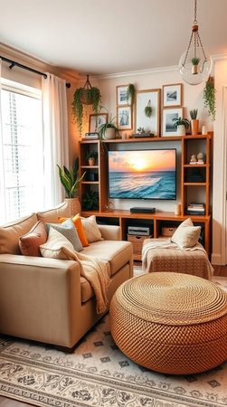 Interior of living room with sofa, armchair and TV setの写真素材