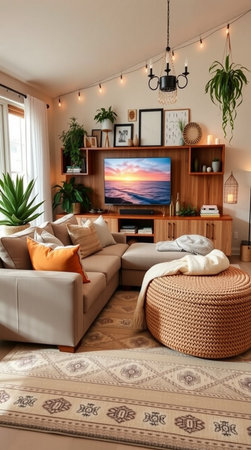 interior of modern living room with sofa, coffee table and plantsの写真素材