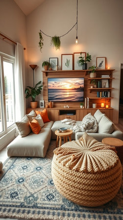 interior of modern living room with sofa, coffee table and bookshelfの写真素材