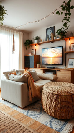 Interior of a living room with a sofa and a wicker basketの写真素材