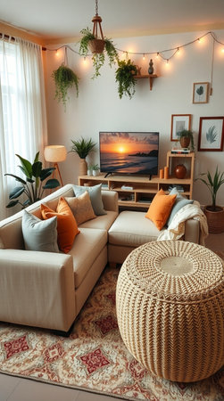 Modern living room interior with sofa, tv and plants. Nobody insideの写真素材