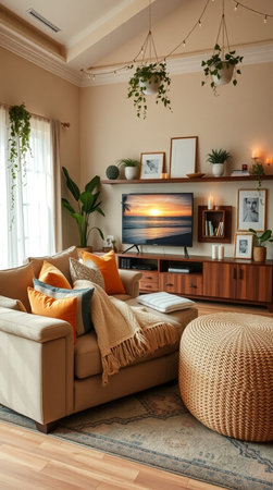 interior of modern living room with comfortable sofa and bookshelfの素材