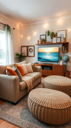Interior of modern living room with sofa, armchair and tvの素材
