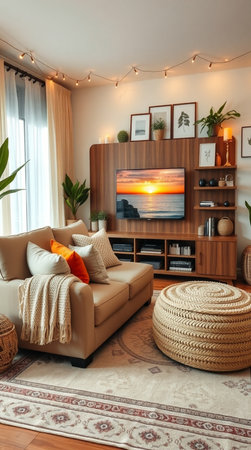 Interior of modern living room with sofa, coffee table and tvの素材