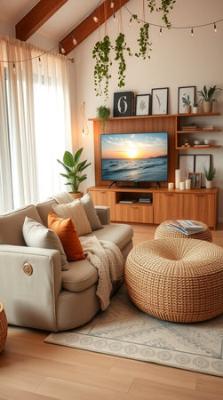 Interior of modern living room with comfortable sofa, armchair and tvの素材