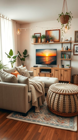 Interior of a modern living room with a sofa, armchair and a TVの素材