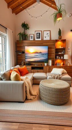Interior of modern living room with sofa, pillows and coffee tableの素材