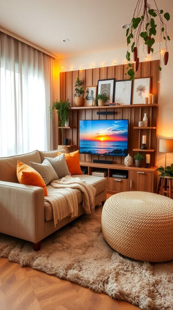 Interior of a living room with a sofa, a coffee table and a TVの素材
