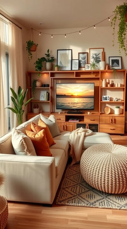 Interior of modern living room with white sofa, armchair, coffee table and shelves with picturesの素材