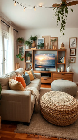 Interior of a living room with sofa, coffee table and bookshelfの素材