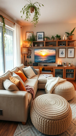 Cozy living room interior with sofa and pillows. Nobody insideの素材