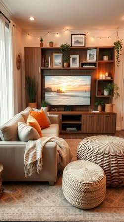 Interior of living room with sofa, coffee table and tv setの素材