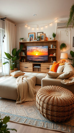 Interior of modern living room with sofa, tv and armchairの素材