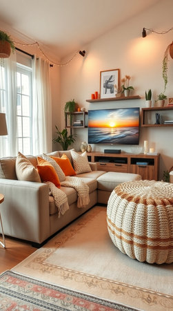 Interior of modern living room with comfortable sofa, pillows and carpetの素材